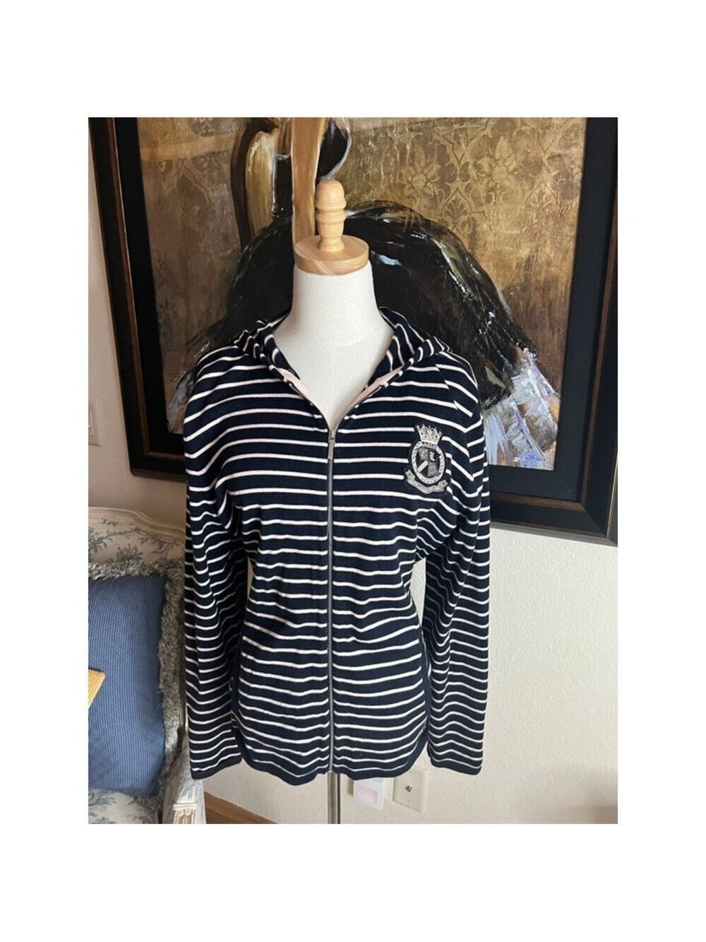 Women's LAUREN Ralph Lauren Navy White Striped Hoodie XL with Crest